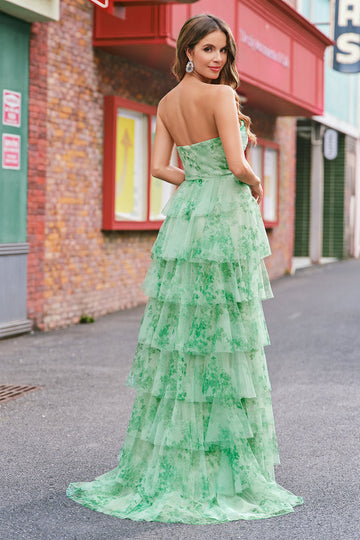 Green Floral A Line Strapless Ruffles Long Formal Dress with Slit